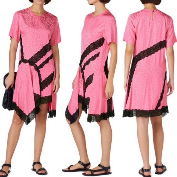 KOCHÉ COLLECTIVE Pink Satin Leopard Print Asymmetric Dress with Lace Trim Size M - Picture 1 of 11